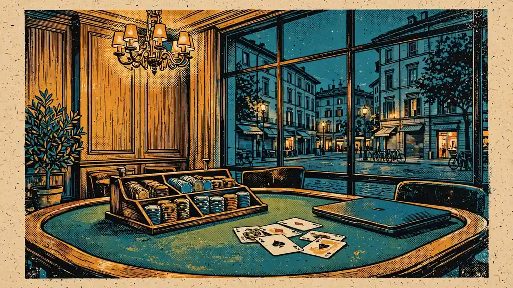Sala da casinò italiana con tavolo da baccarat dal vivo e laptop chiuso