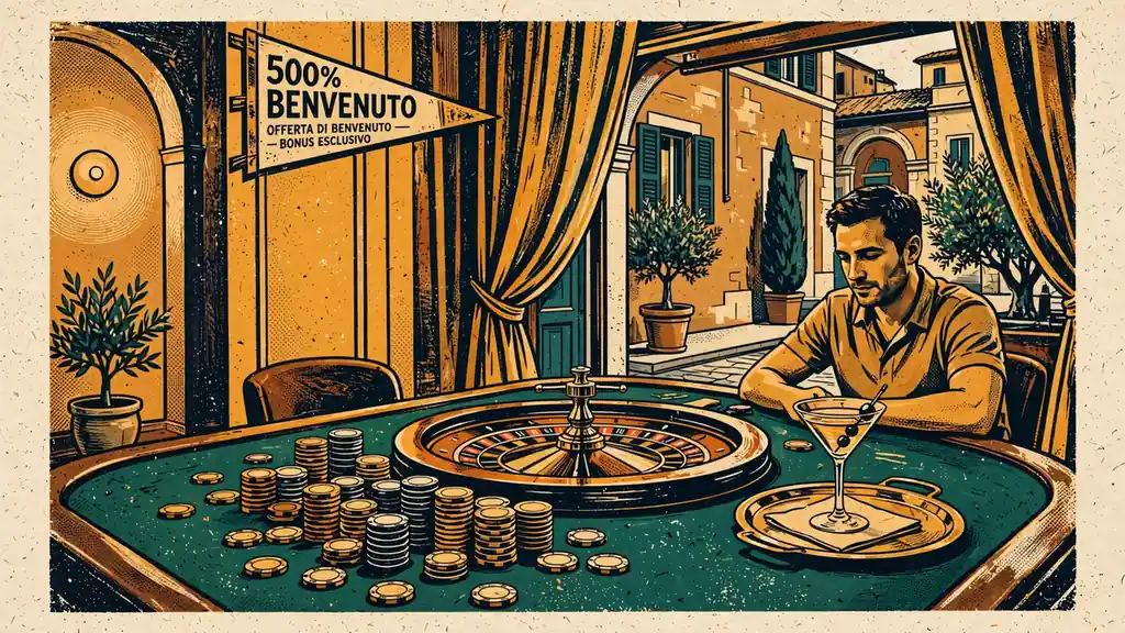 Sala da gioco italiana elegante con tavolo da roulette e fiches