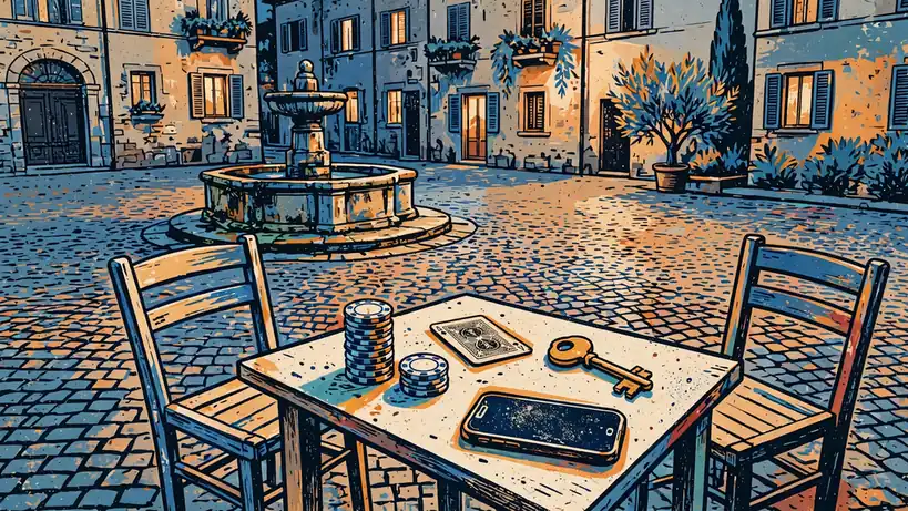 Tavolino in piazza italiana con fiches, carta e chiave dorata al crepuscolo.