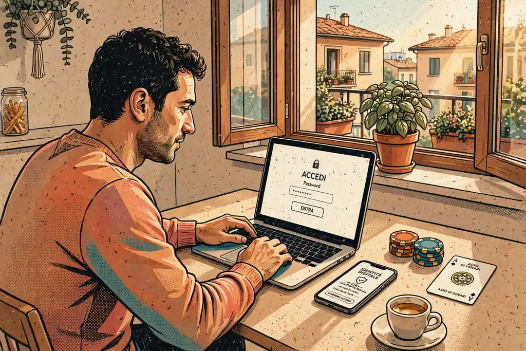 Giocatore italiano accede a un casinò online tramite SPID dal proprio laptop in cucina.