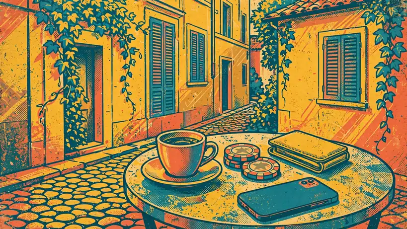 Terrazza di caffè italiano con fiches e smartphone capovolto sul tavolino