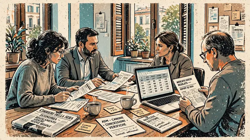Team di analisti italiani al lavoro su un tavolo con documenti e laptop in un ufficio luminoso.