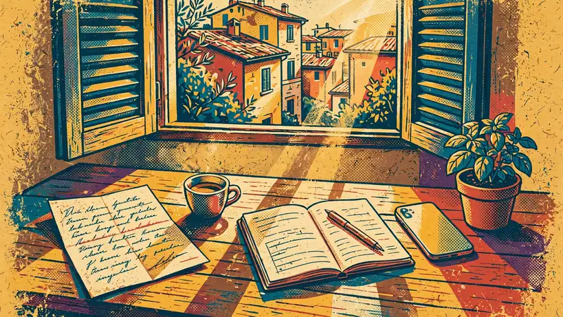 Lettera scritta a mano e tazza di espresso su un tavolo vicino a una finestra aperta.