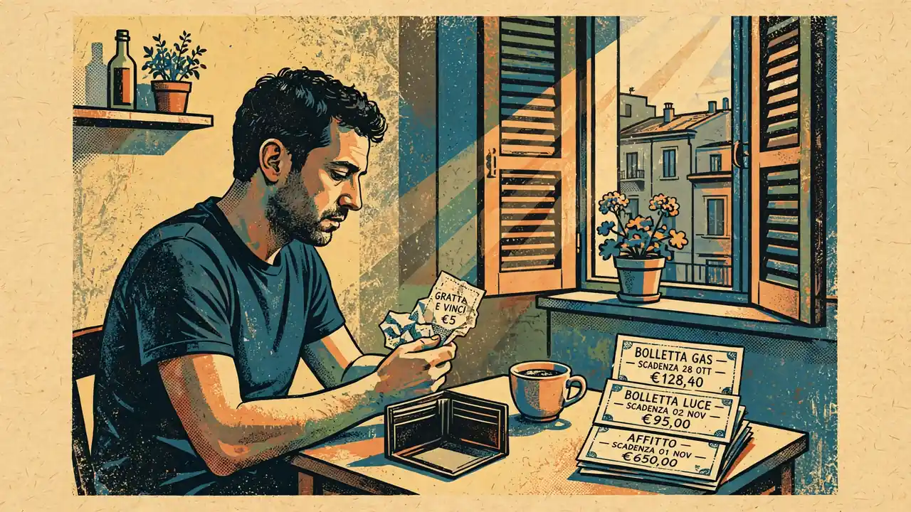 Persona sola in cucina che fissa un biglietto della lotteria accanto a bollette non pagate.