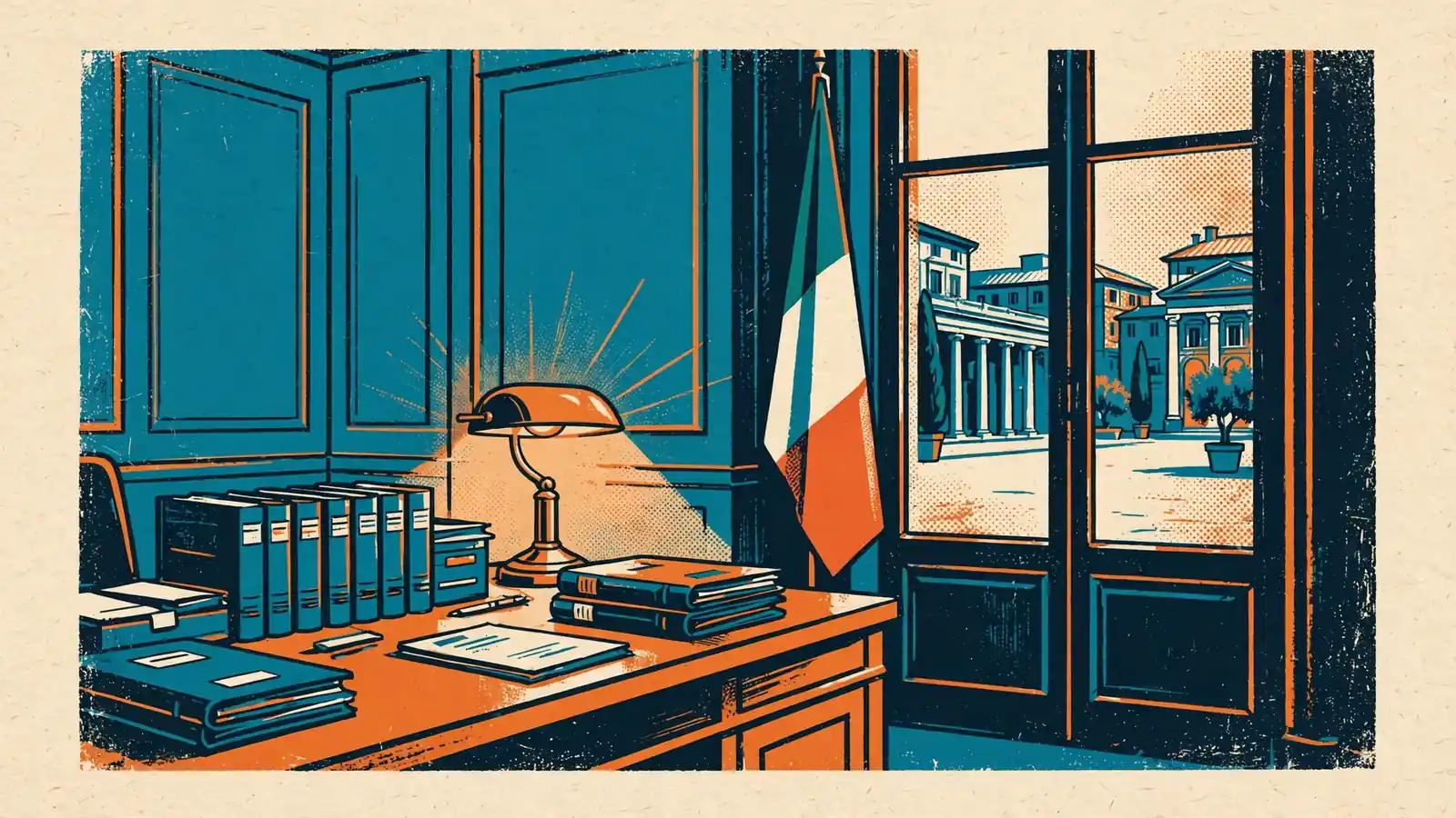 Ufficio governativo italiano con scrivania e bandiera, luce calda.