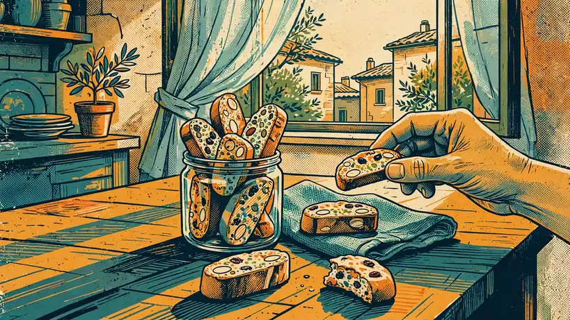 Barattolo di biscotti italiani su tavolo di legno in cucina soleggiata.
