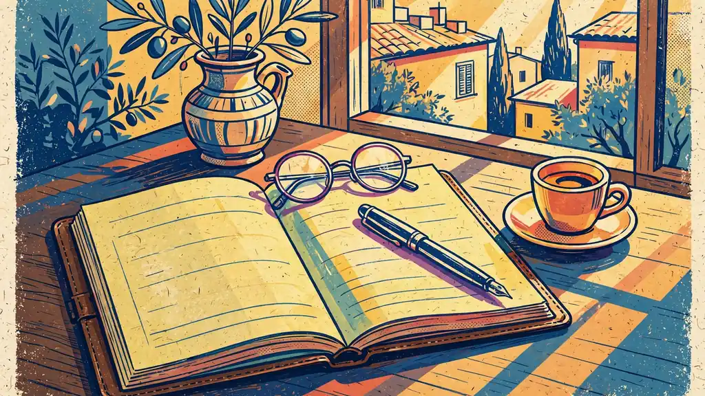 Quaderno legale aperto con penna stilografica e tazzina di caffè su scrivania.